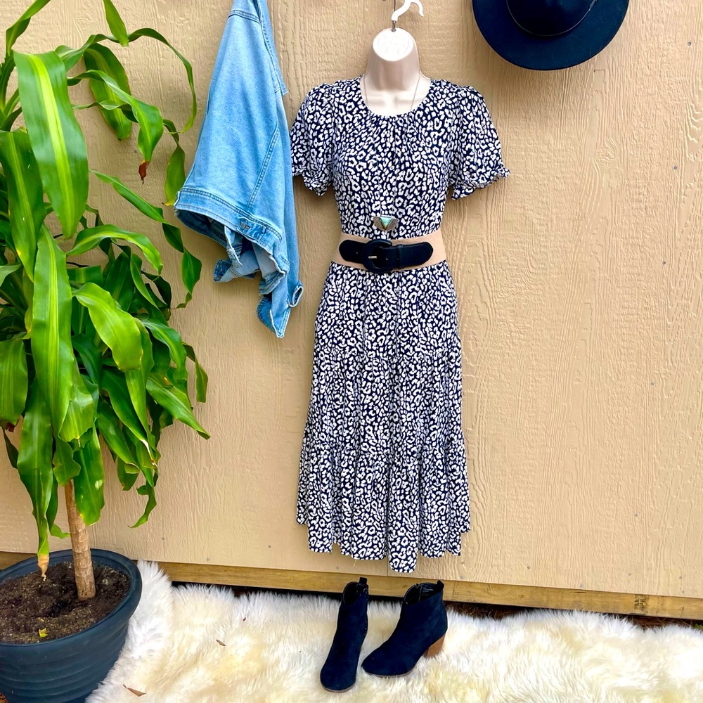 J Crew XXS blue and white leopard dress